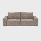 Modern taupe double corner sofa with wide arms and plush cushions on white background