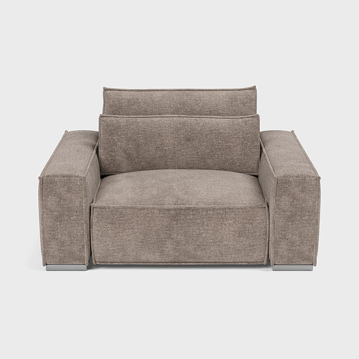 Taupe fabric corner sofa armchair with wide arms and modern block design on light background