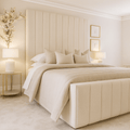 Modern double panelled bed with tall upholstered headboard in a neutral bedroom