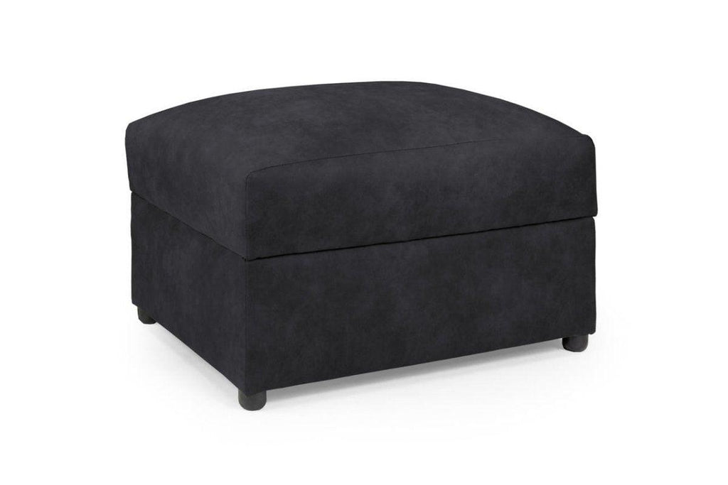 Modern black upholstered footstool with square design and short legs on white background