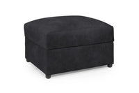 Modern black upholstered footstool with square design and short legs on white background