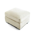 cream upholstered footstool with cushion top on low block feet, modern living room furniture
