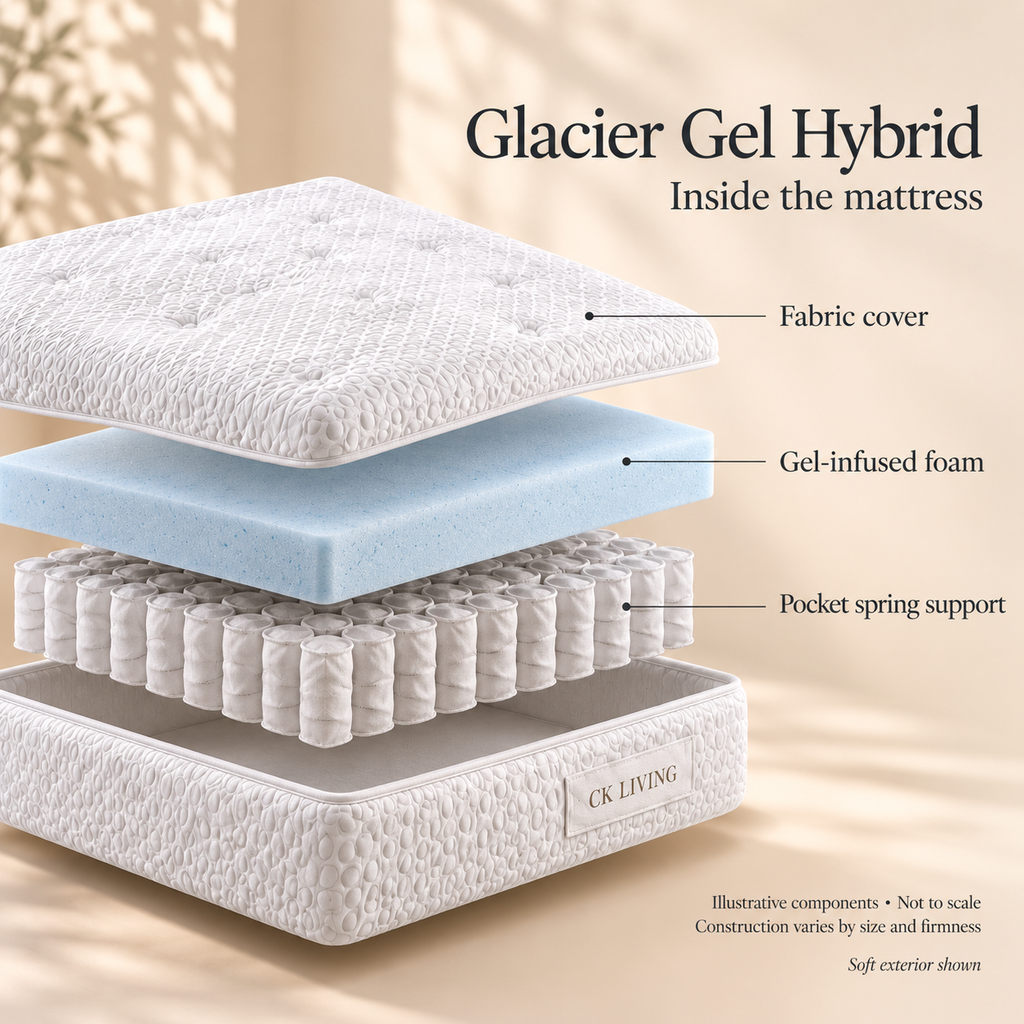 CK Living Glacier Gel Hybrid Mattress — illustrative exploded view of confirmed comfort and support components; not to scale; construction varies by option