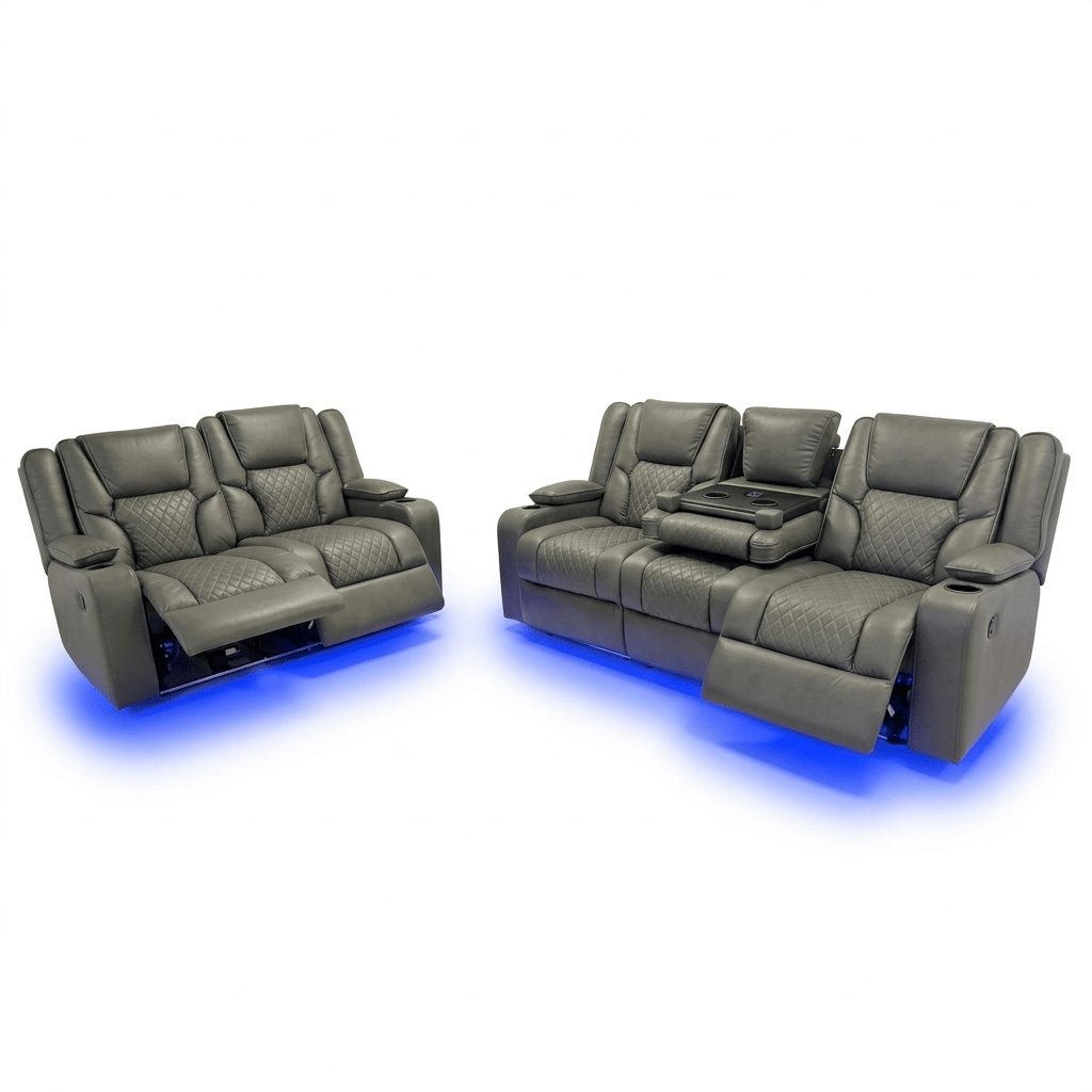 Grey electric recliner sofa set with quilted seats, cup holders, and blue LED lighting underneath