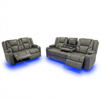 Grey electric recliner sofa set with quilted seats, cup holders, and blue LED lighting underneath