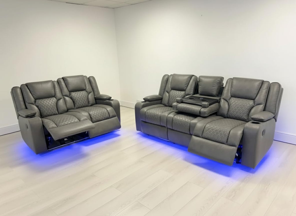 Grey leather 3-2-1 electric recliner sofa set with LED base lighting in modern room