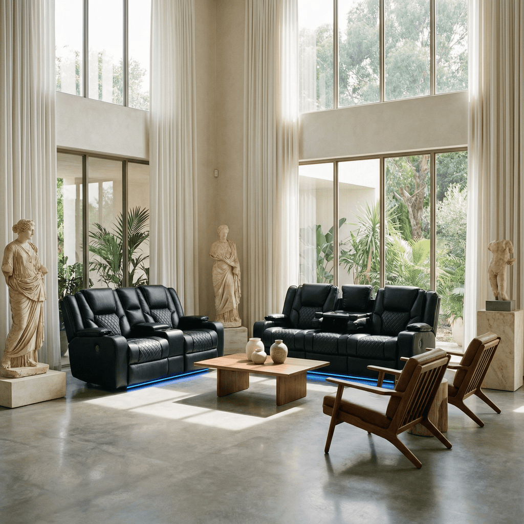 Grey 3-2-1 electric recliner sofa set in a modern living room with tall windows and statues