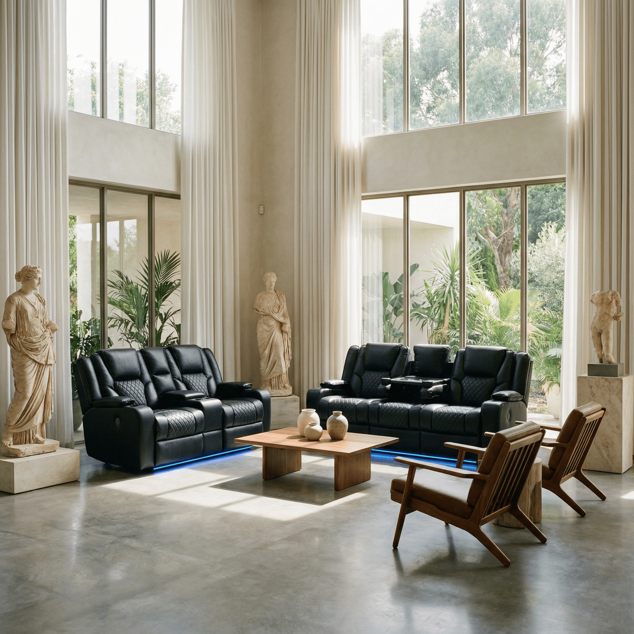 Grey 3-2-1 electric recliner sofa set in a modern living room with tall windows and statues