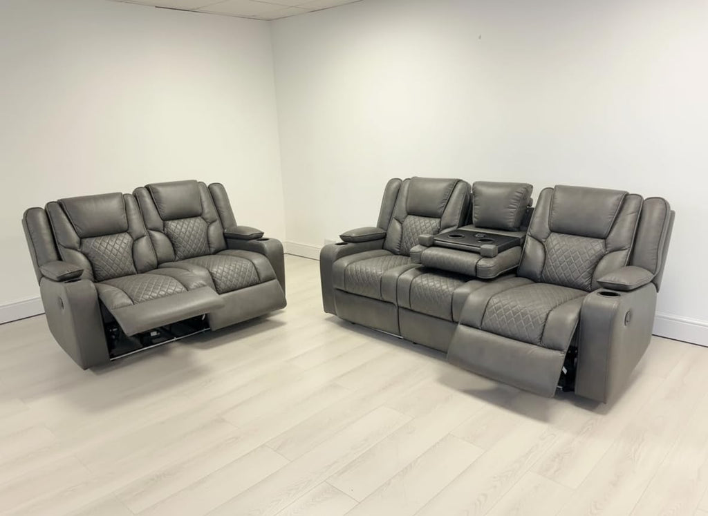Grey 3-2-1 electric recliner sofa set with cup holders in modern living room