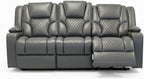 Grey leather electric recliner sofa with diamond stitching, three seats, one extended footrest