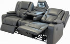 Grey leather electric recliner sofa set with quilted seats, cup holders, and LED headrest lights