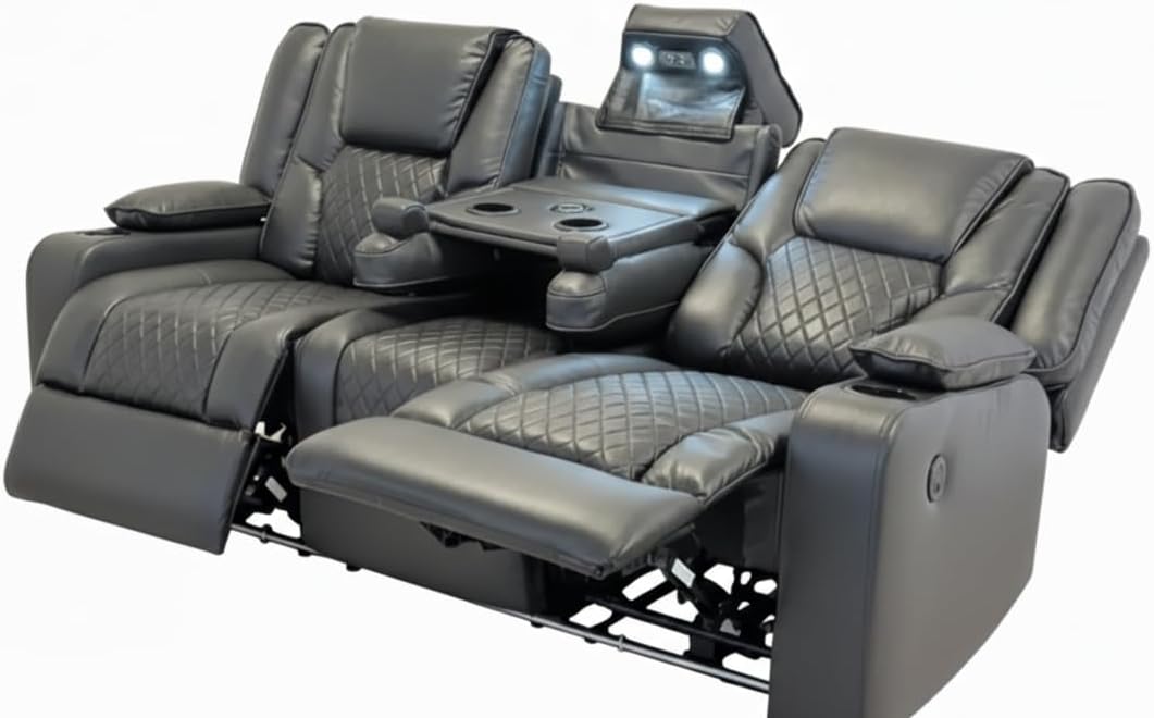 Grey leather electric recliner sofa set with quilted seats, cup holders, and LED headrest lights