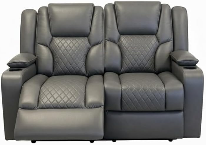 Grey 2-seater electric recliner sofa with diamond-stitched upholstery and cup holders