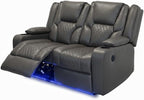 Grey leather electric recliner sofa with diamond stitching and LED base lighting