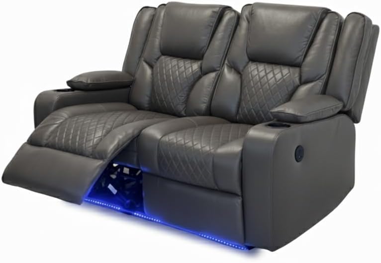 Grey leather electric recliner sofa with diamond stitching and LED base lighting