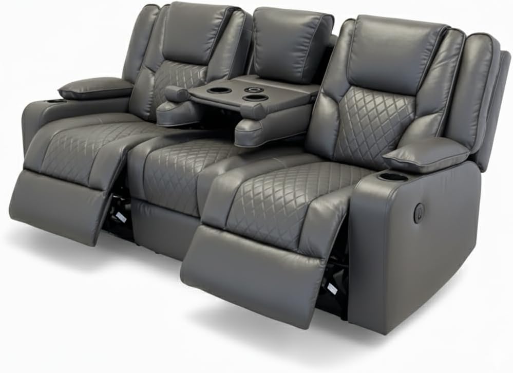 Grey leather electric recliner sofa set with cup holders and diamond stitching