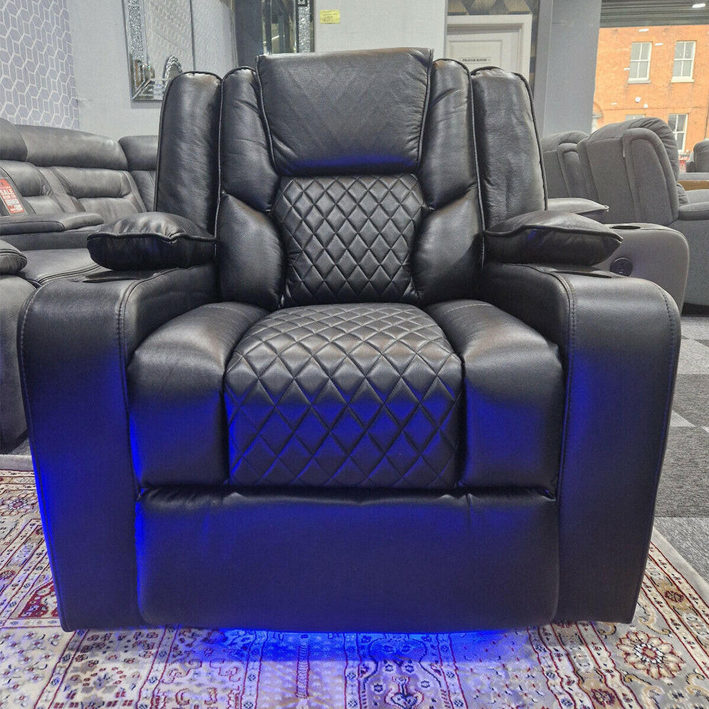Black leather electric recliner armchair with diamond stitching and blue LED base lighting