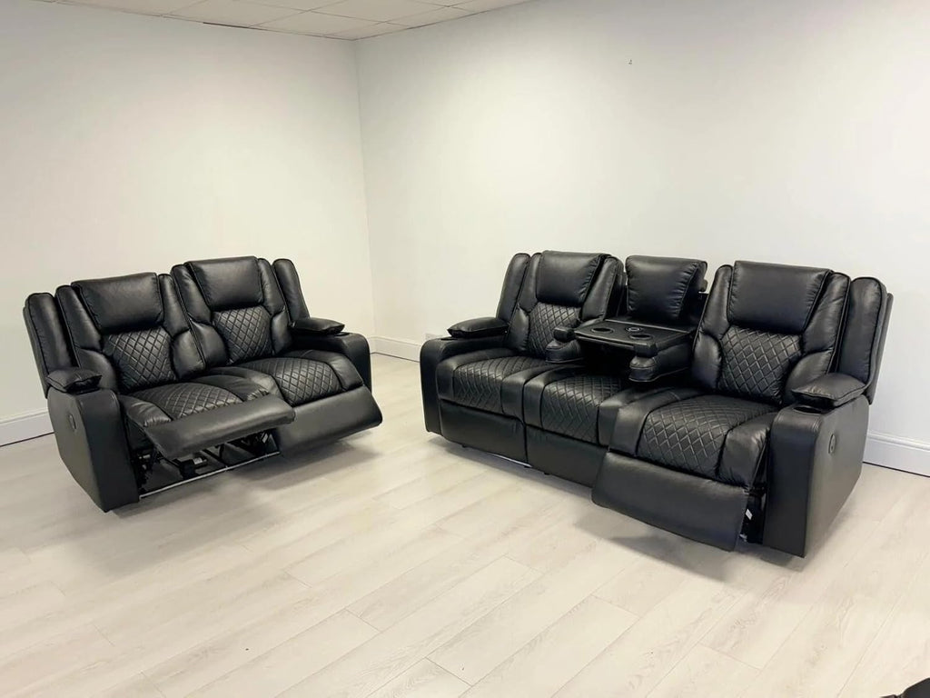 Black leather electric recliner sofa set with cup holders in modern living room.