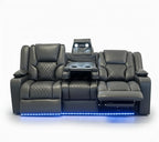Grey electric recliner sofa set with cup holders, quilted seats, LED lighting, and USB ports
