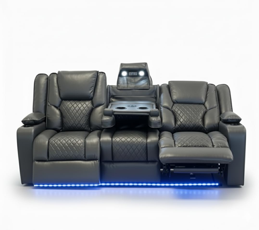 Grey electric recliner sofa set with cup holders, quilted seats, LED lighting, and USB ports