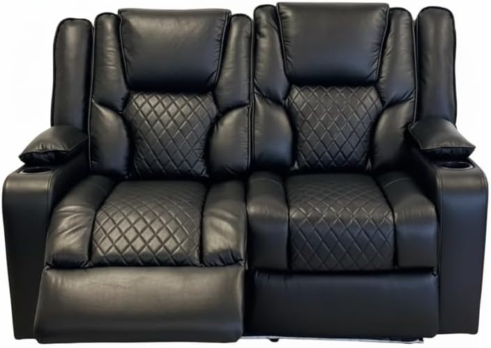 Grey electric recliner 2-seater sofa with quilted upholstery and cup holders