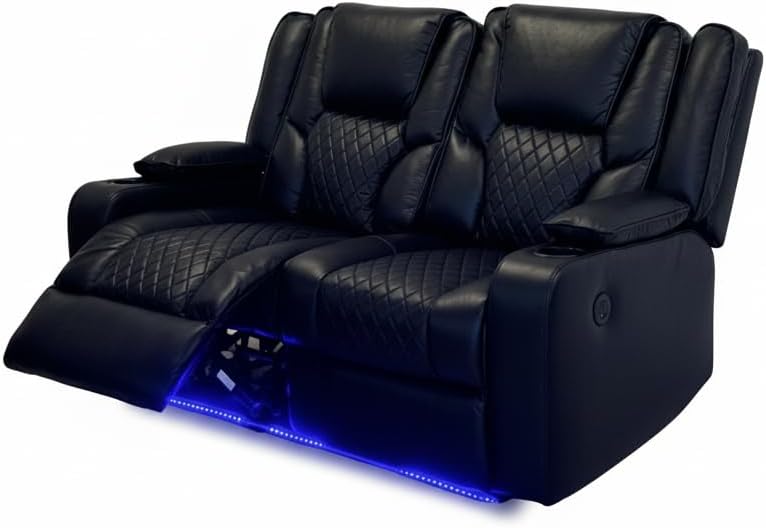 Grey electric recliner sofa with quilted seats, cup holder, and blue LED base lighting