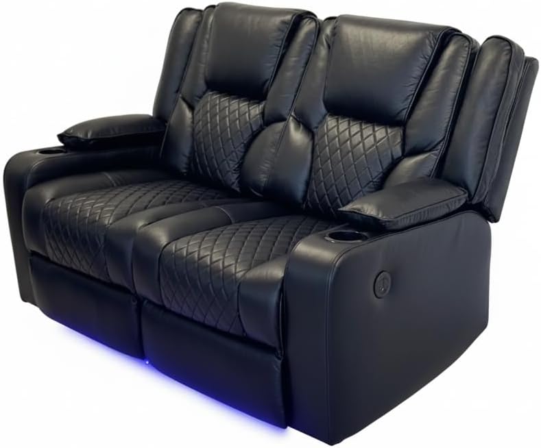 Black leather 3-seater electric recliner sofa with quilted cushions and cup holders