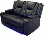 Black leather 3-seater electric recliner sofa with quilted cushions and cup holders