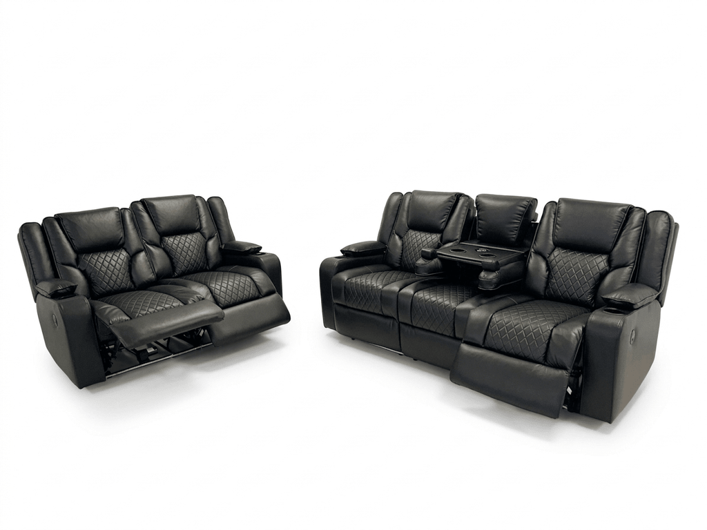 Premium black electric recliner sofa set with cup holders and quilted seats