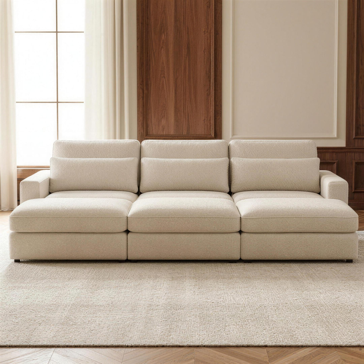 Haven Large Cinema Sofa — frontal lifestyle view in a warm walnut and ivory living room