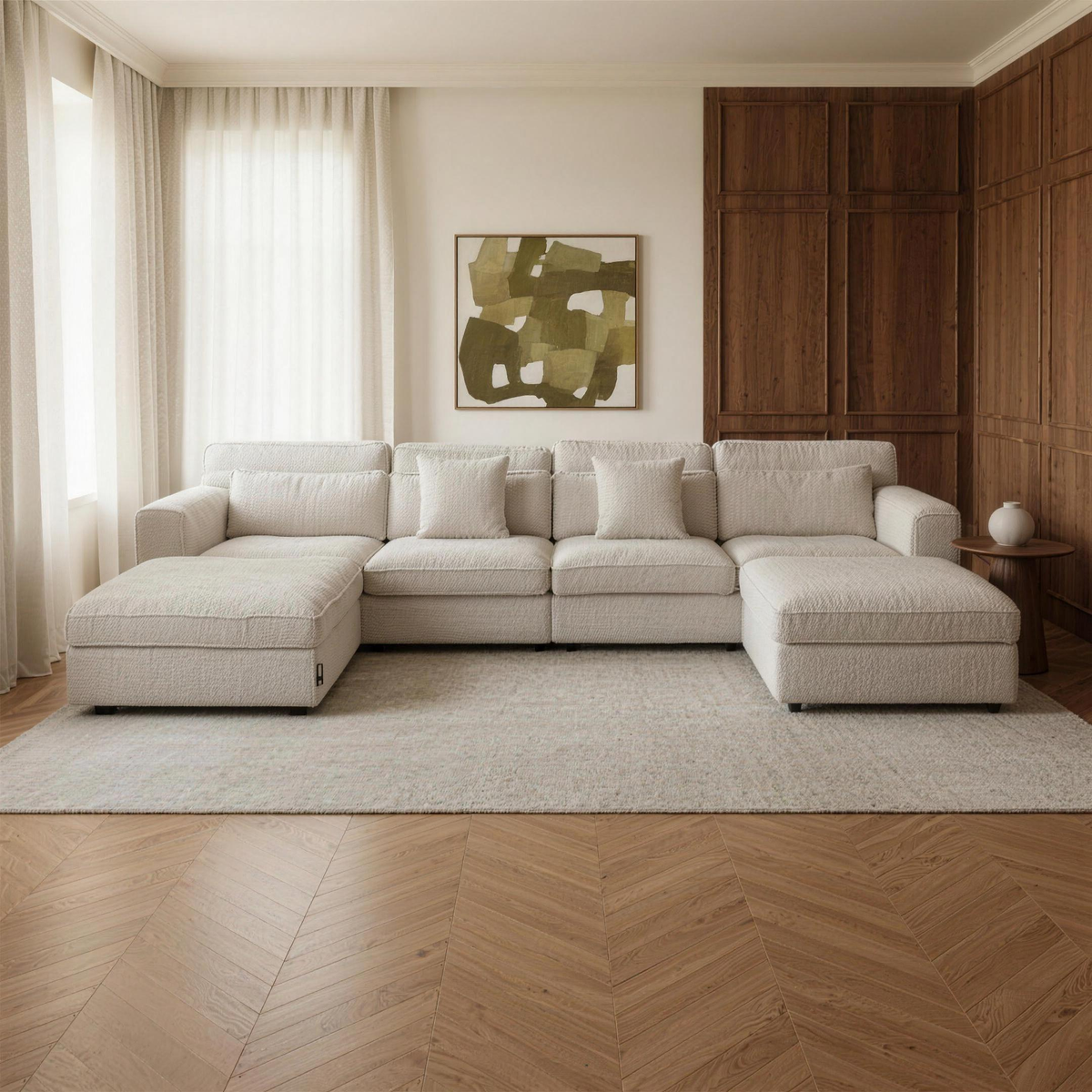 Haven Large U Shape Sofa with equal deep chaises in a warm walnut and ivory living room
