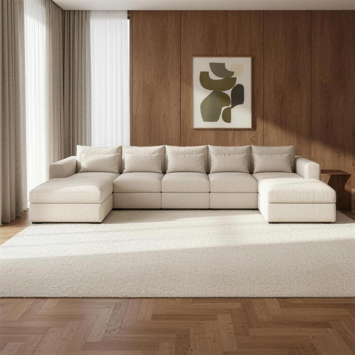 Haven XL U Shape Sofa in cream with both chaises in a warm walnut and ivory living room