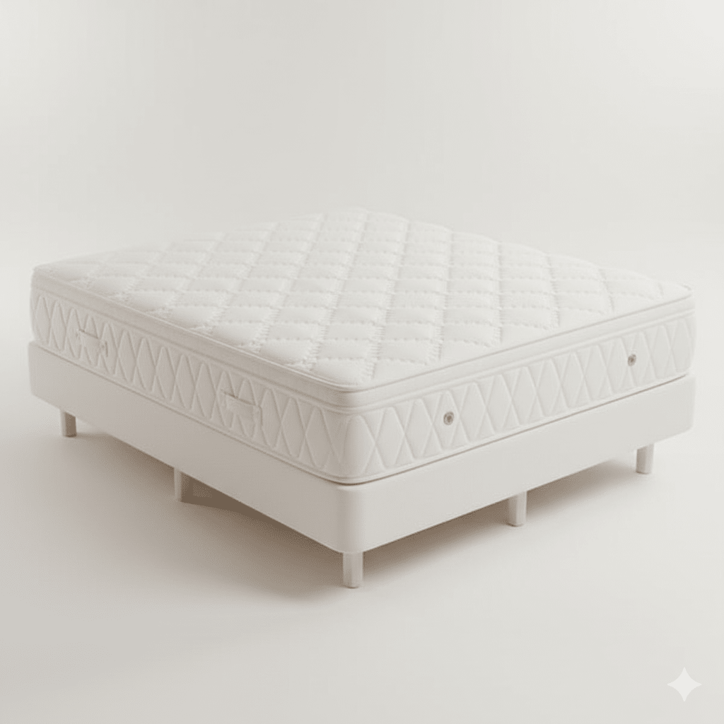 Double hybrid memory foam mattress with quilted white cover on a minimal bed base