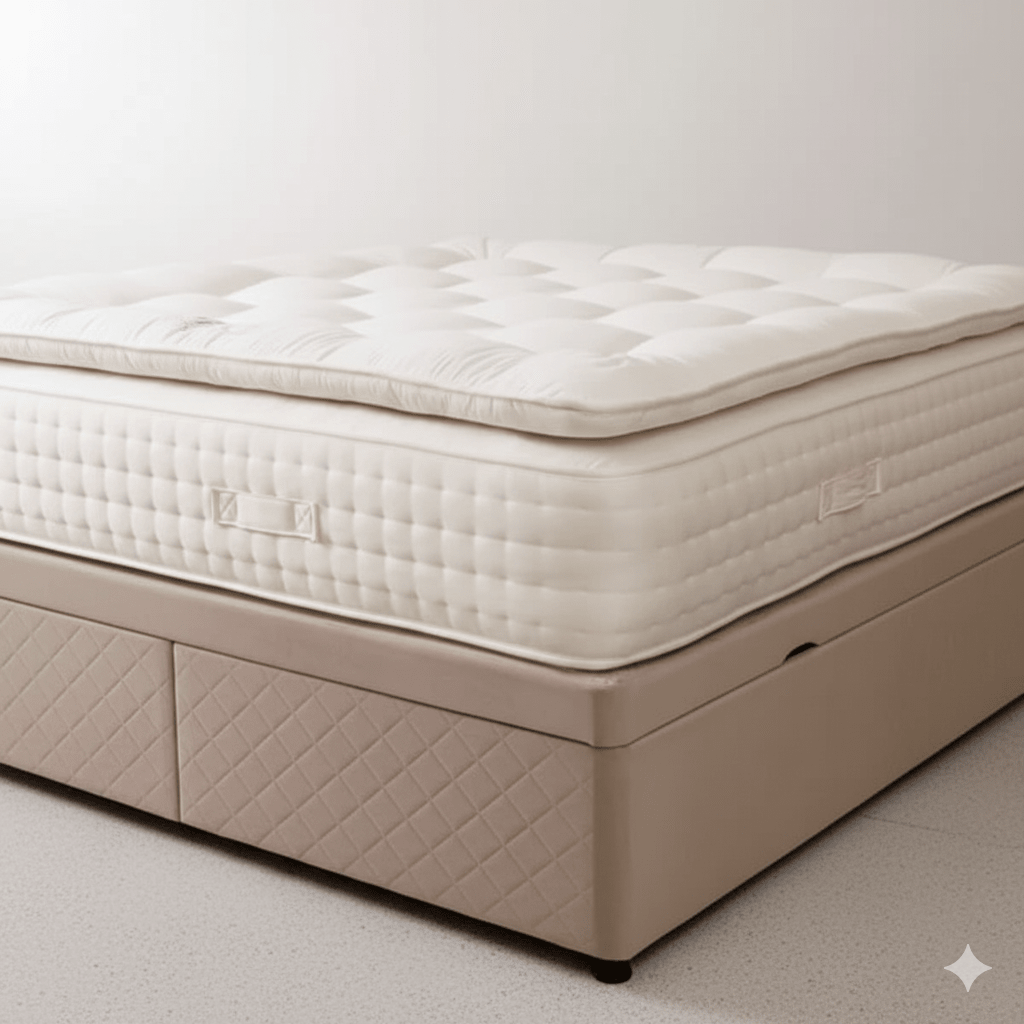 Double silk cotton pillow top mattress on a beige quilted divan base