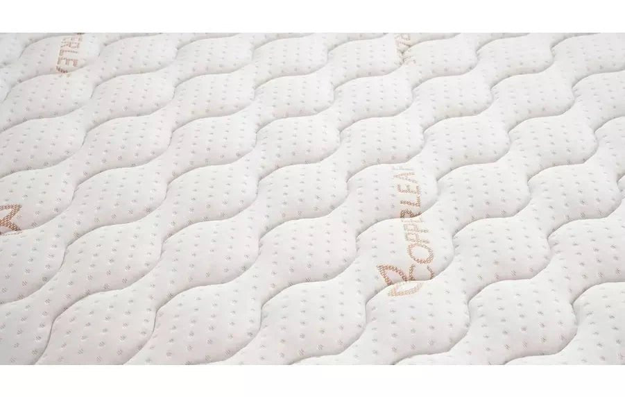 Close-up of white pocket memory foam mattress with wavy quilted texture