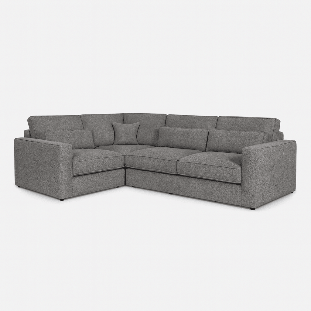 Grey 5-piece modular corner sofa with plush cushions and modern design on white background