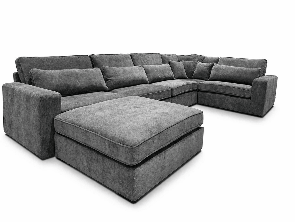 Grey 5-piece modular corner sofa with plush cushions, modern sectional seating arrangement