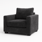 Modern grey velvet armchair with plush cushions and square arms on short black legs