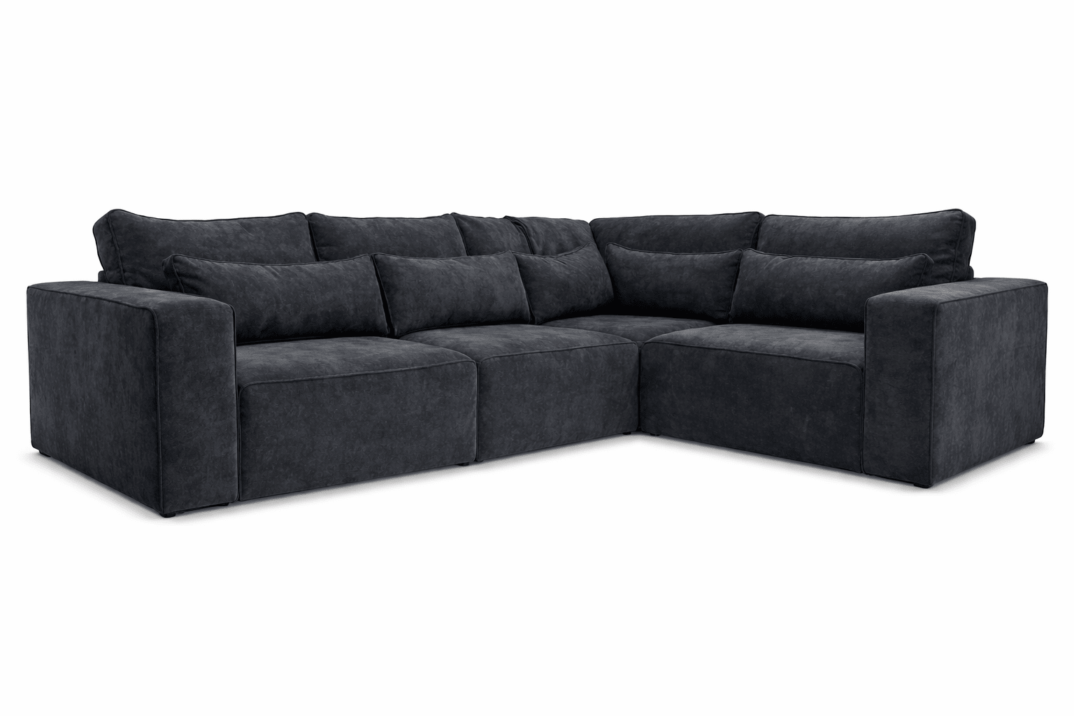 Black modular corner sofa with deep seats and plush cushions on white background