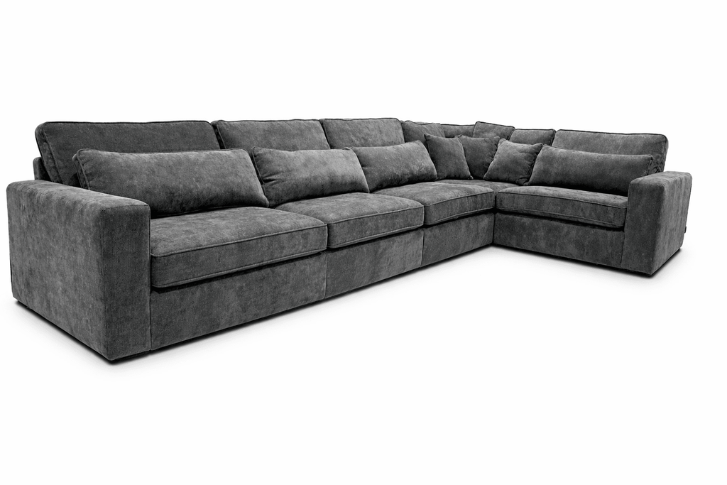 Grey modular L-shaped corner sofa with plush cushions and wide arms