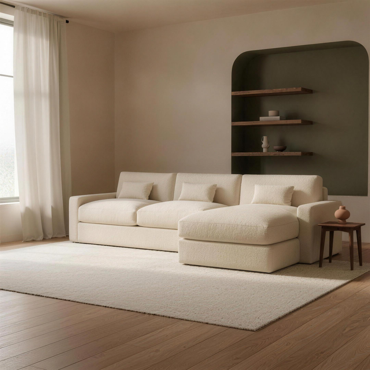 Raffaelo Corner Sofa with fibre-topped seats in cream — complete sofa in a warm plaster and olive living room