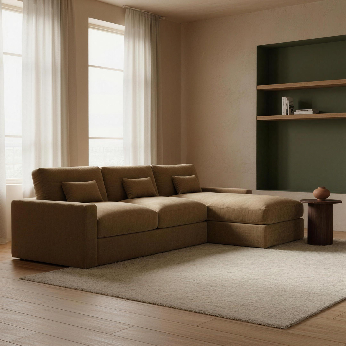 Raffaelo Corner Sofa - Foam Filled — complete product in a warm plaster and olive living room