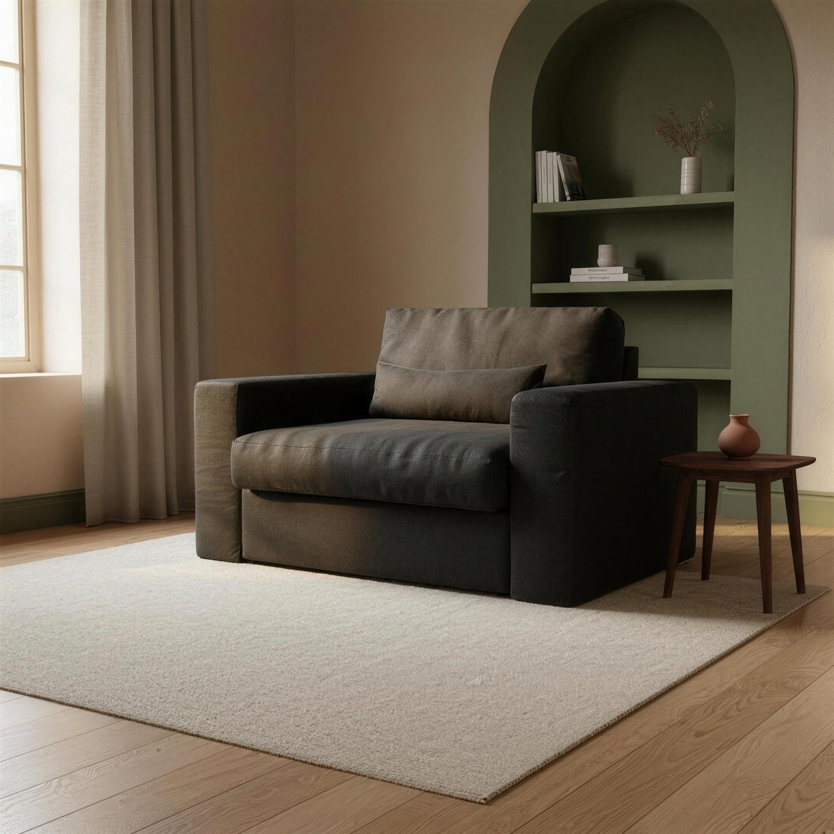 Raffaelo Premium Love Seat — complete product in a warm plaster and olive living room