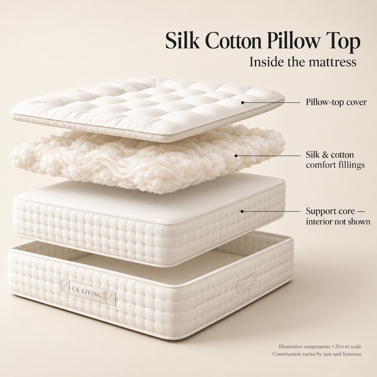 CK Living Silk Cotton Pillow Top Mattress — illustrative exploded view of confirmed comfort and support components; not to scale; construction varies by option