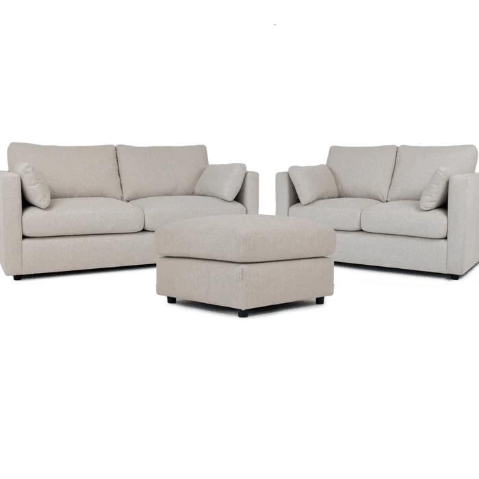 Cream sofa set with two sofas and matching footstool, modern living room furniture