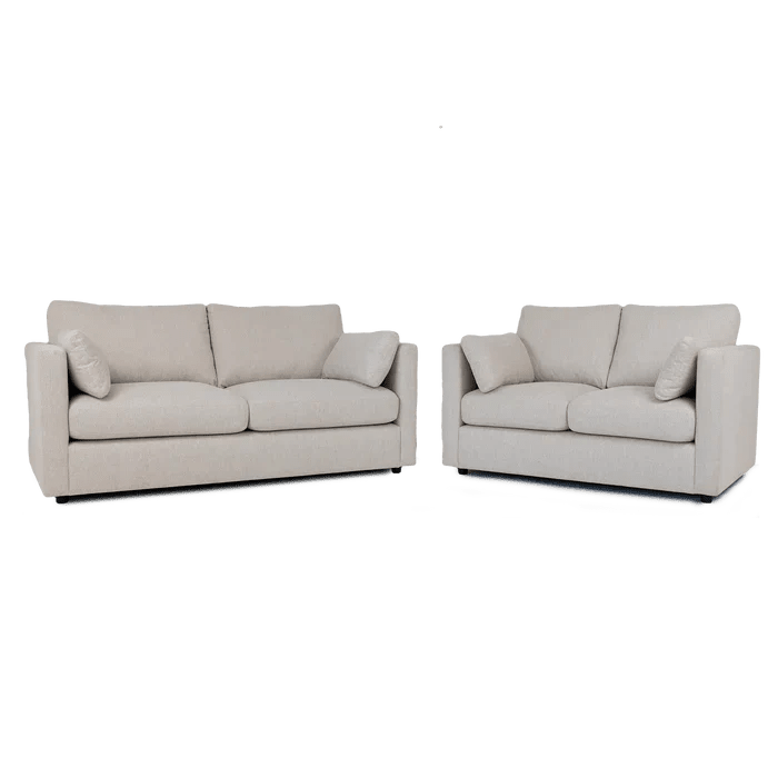 Cream fabric sofa set with two matching couches, modern design, square arms, neutral living room seating.