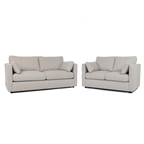 Cream fabric sofa set with two matching couches, modern design, square arms, neutral living room seating.