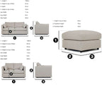 Cream sofa set with footstool, dimensioned for living room furniture reference
