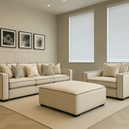 Modern cream and black piped sofa set with armchair and footstool in bright living room