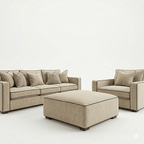 Cream and black piped sofa set with 3-seater sofa, armchair, and large footstool